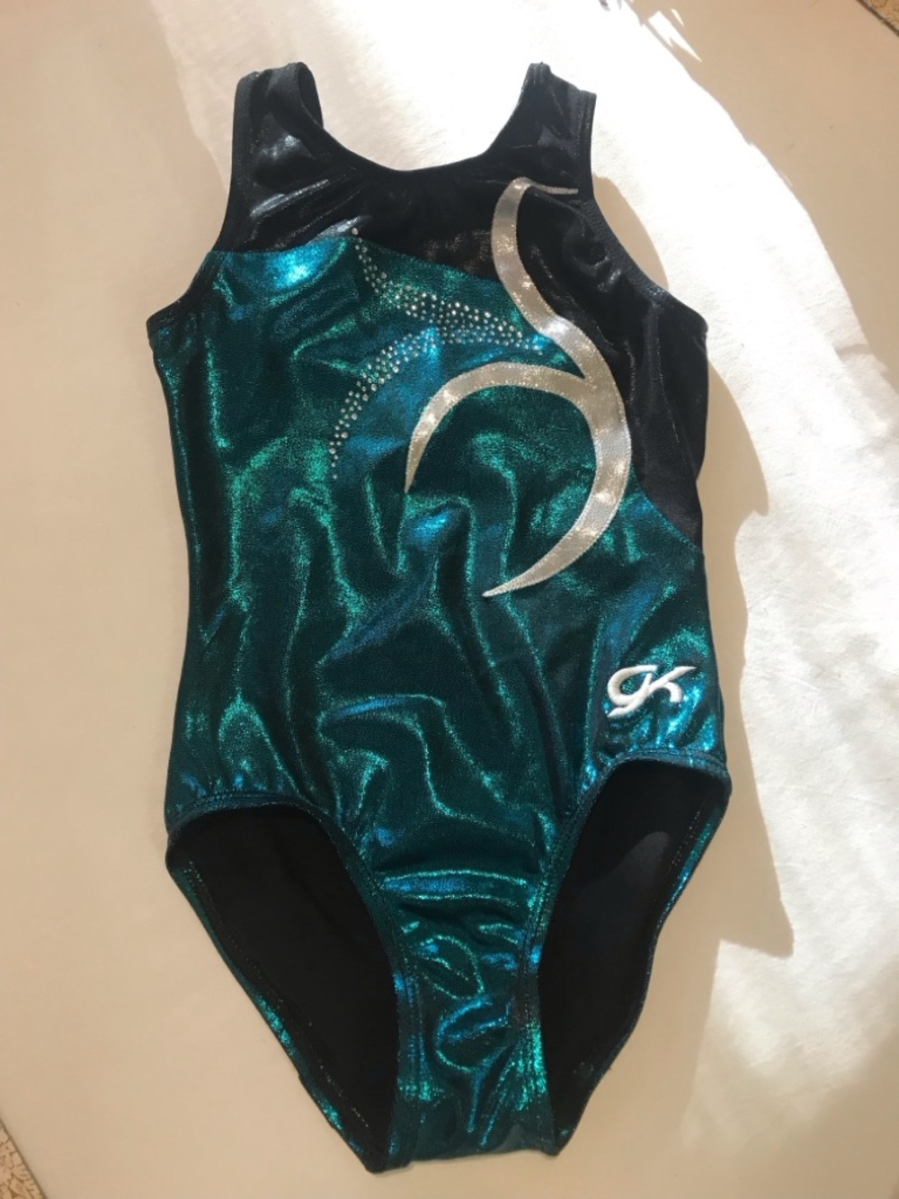 GK Teal Metallic and Black Leotard with Silver Stitching